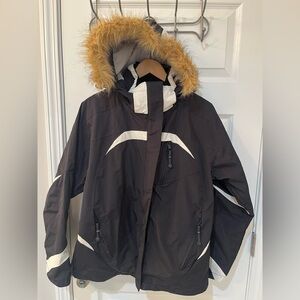 REI Precision Mountainwear Women’s Ski Jacket Black White Hooded Fur Removable L